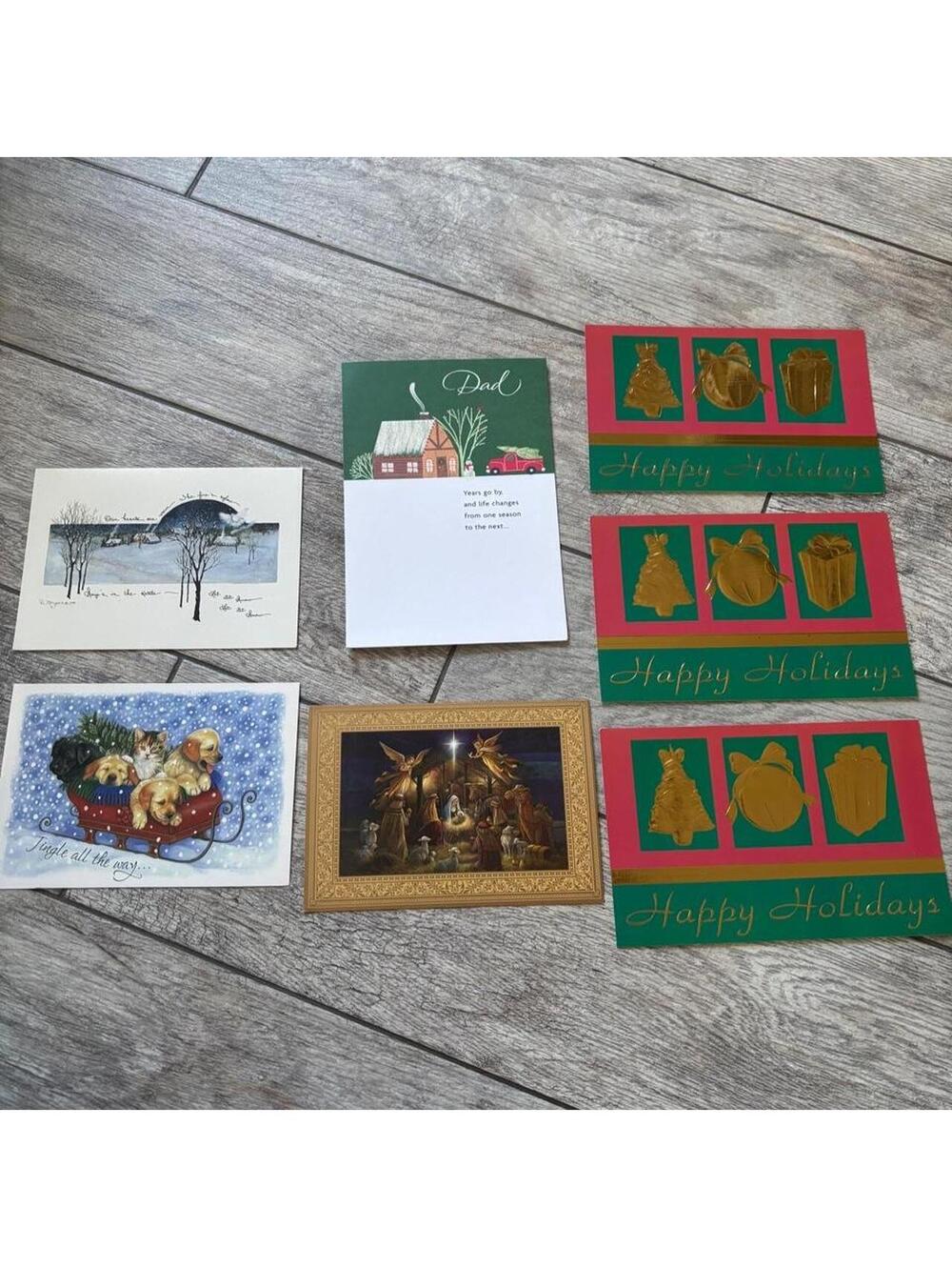 Vintage Holiday Cards Lot of 7 D Morgan Puppies Nativity Happy Holidays